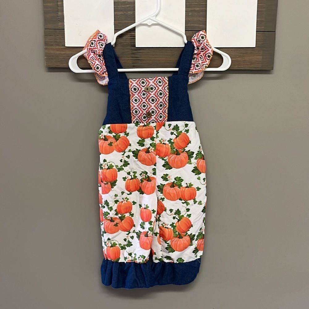Pumpkin Girls Sleeveless Ruffles Pull-On Fall Pattern Overalls *see measurements